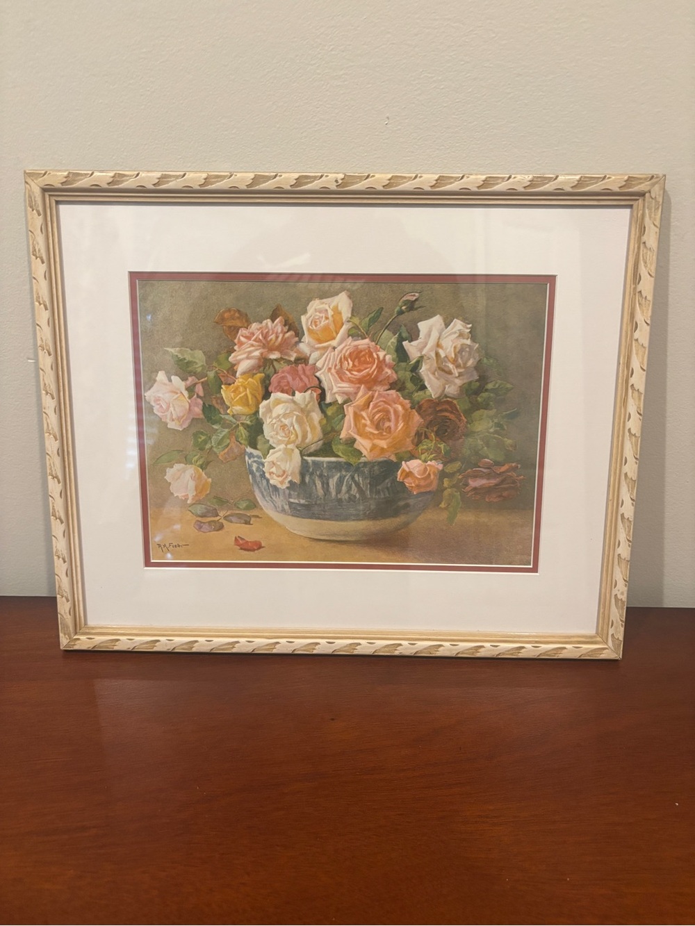 Vintage R.A. Foster Rose Still Life Art Print Framed & Double Matted 16"x13"